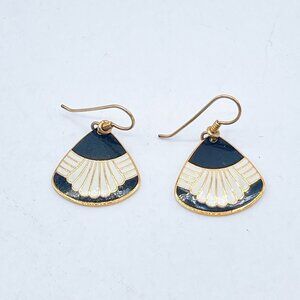Vintage Laurel Burch Fan Earrings Black & Gold Tone Enamel Dangle